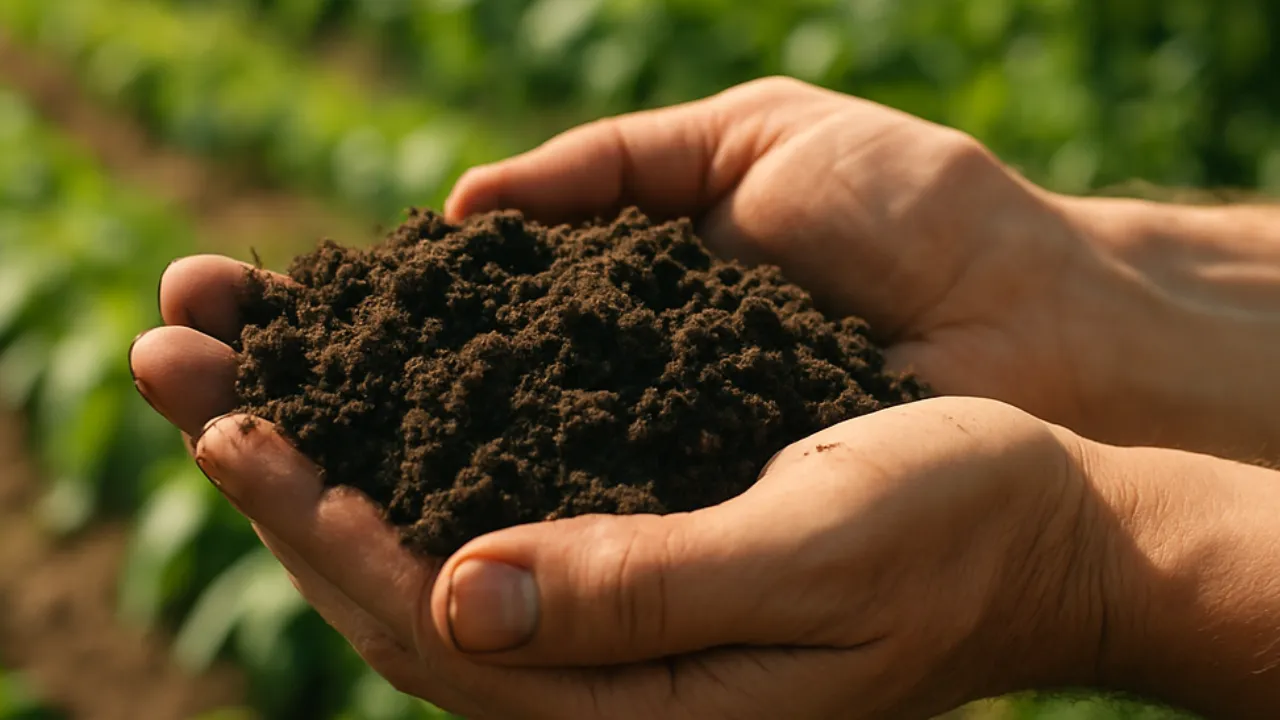Hands holding dark, fertile soil