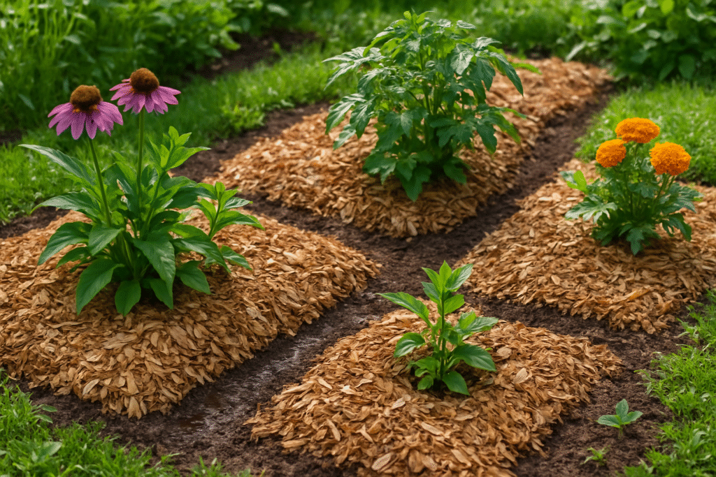 Mulching practices being applied in a garden for moisture retention and weed management.